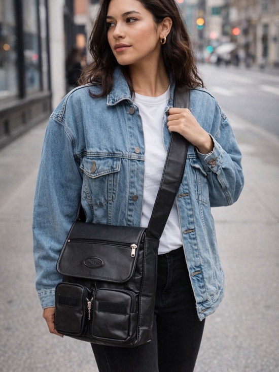 Vintage Leather Handbags - Vintage Leather Ranch Crossbody Bag Black Multi Pocket Genuine Leather
